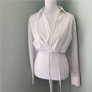 Zara White Long Sleeve Crop Collared Top